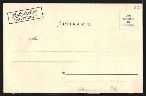 Lithographie Bremen, Gäste feiern im Gasthaus Rathskeller mit Bachus und Jungfer Rose