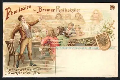 Künstler-AK Bremen, Fantasien im Gasthaus Bremer Ratskeller, Am Rhein, Da wachsen uns`re Reben