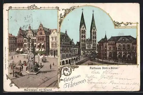 AK Bremen, Marktplatz mit Roland, Rathaus, Dom und Börse