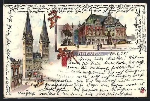 Lithographie Bremen, Rathaus mit Roland, Blick zum Dom