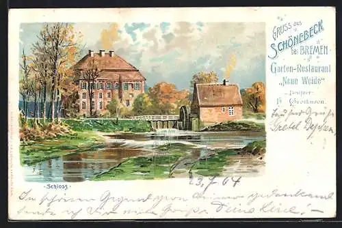 Lithographie Schönebeck / Bremen, Garten-Restaurant Neue Weide, Bes. H. Grothusen