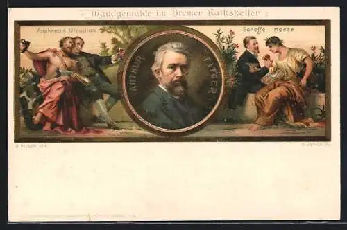 Lithographie Bremen, Wandgemälde im Rathskeller mit Arthur Fitger