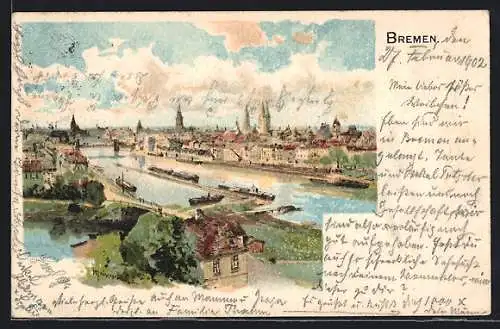 Lithographie Bremen, Blick zum Ort, Lastkähne