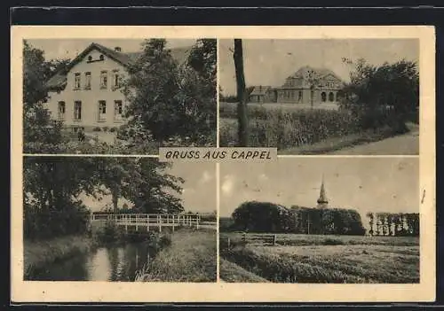 AK Cappel / Dorum, Kirche, Strassenpartie und Brücke am Bach