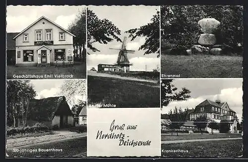 AK Nordholz-Deichsende, Geschäftshaus Emil Vielbrock, 300-jähriges Bauernhaus, Mühle und Krankenhaus