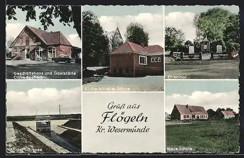 AK Flögeln, Gasthaus Seebeck, Ehrenmal und neue Schule