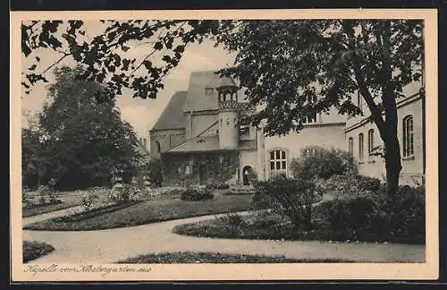 AK Werl i. Westf., Kloster der Ursulinen, Oberlyzeum und Mittelschule, Kapelle vom Klostergarten aus