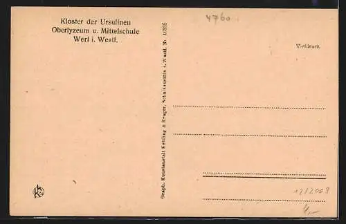 AK Werl i. Westf., Kloster der Ursulinen, Oberlyzeum und Mittelschule, Kapelle vom Klostergarten aus