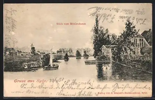 Künstler-AK Syke, Blick vom Mühlendamm mit Windmühle