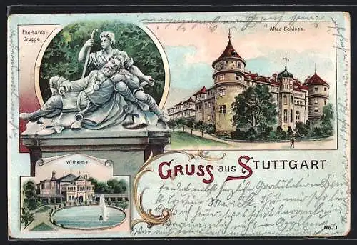 Lithographie Stuttgart, Eberhards-Gruppe, Wilhelma, Altes Schloss