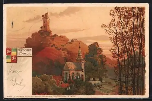 Künstler-AK Falkenstein / Taunus, Kirche und Burgturm