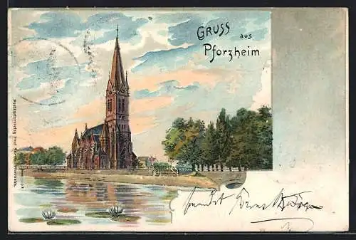 Lithographie Pforzheim, Uferpartie mit Kirche