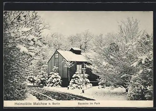 AK Malchow b. Berlin, Baracke im Park im Winter