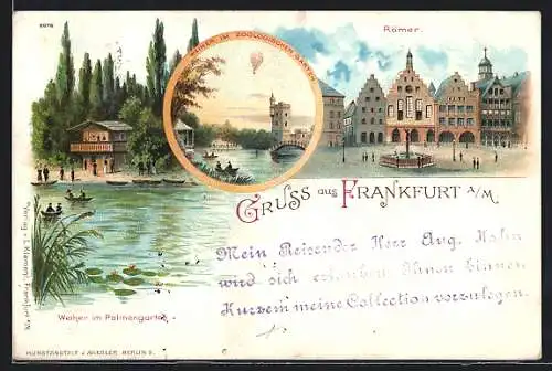 Lithographie Alt-Frankfurt, Römer und Weiher im Palmengarten, Weiher im Zoologischen Garten