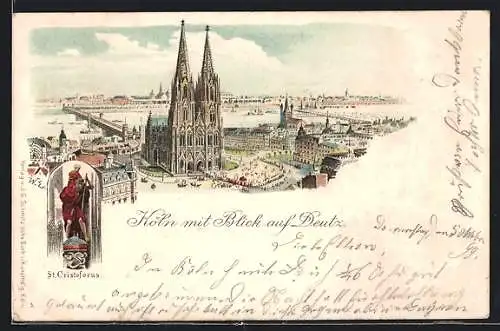Lithographie Köln, Gesamtansicht mit Dom und Blick auf Deutz, St. Cristoforus