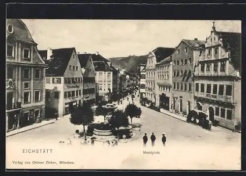 AK Eichstätt, Marktplatz mit Eisenhandlung und Brunnen