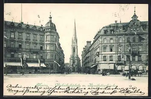 AK Mainz, Bahnhofsplatz mit Central Hotel und Bonifatiuskirche