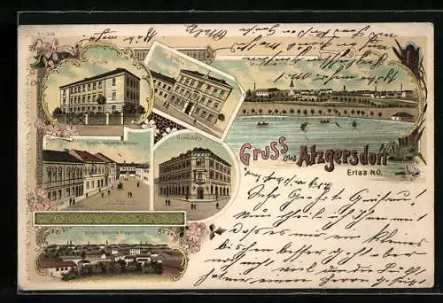 Lithographie Wien-Atzgersdorf, Breitenfurter Strasse, Grand Café, Schule, Panorama