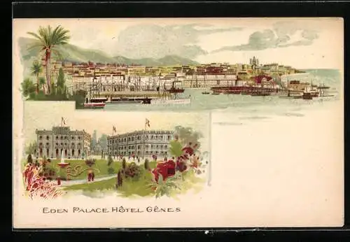 Lithographie Genova, Ortsansicht mit Hafenpartie und Eden Palace Hotel Genes