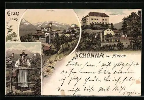 Lithographie Schönna bei Meran, Schlosswirth, Ortsansicht, Frau in alpiner Tracht