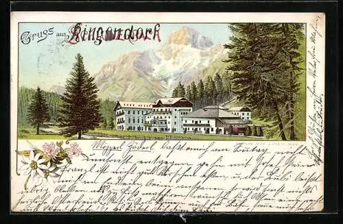 Lithographie Schluderbach, Ortsansicht gegen die Berge