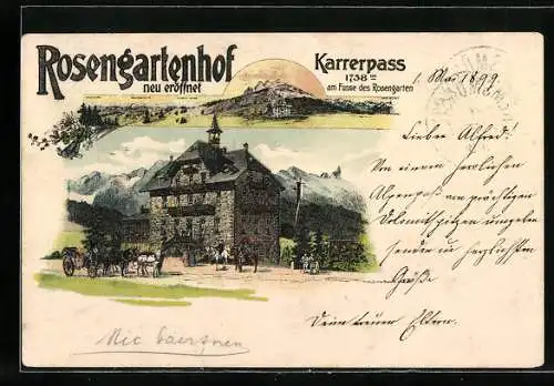 Lithographie Welschnofen, Gasthaus Rosengartenhof, Karnerpass