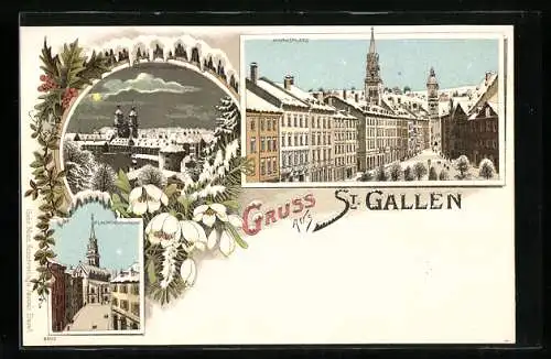 Winter-Lithographie St. Gallen, Marktplatz, Kloster und Kathedrale, St. Laurenzenkirche