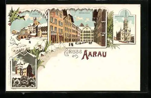 Lithographie Aarau, Rathausgasse, Haldenthor, Altes Schlössli