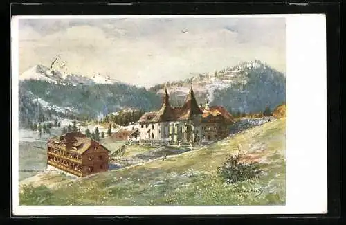 Künstler-AK Eduard Manhart: Flattnitz /Kärnten, Hubert Ladinigs Gast- und Kurhaus