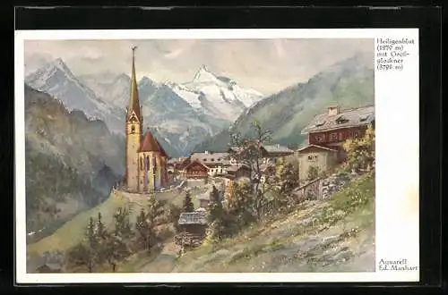 Künstler-AK Eduard Manhart: Heiligenblut, Ortsansicht mit Grossglockner