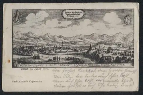 Künstler-AK Villach, Ortsansicht aus dem Jahre 1677 nach Merian