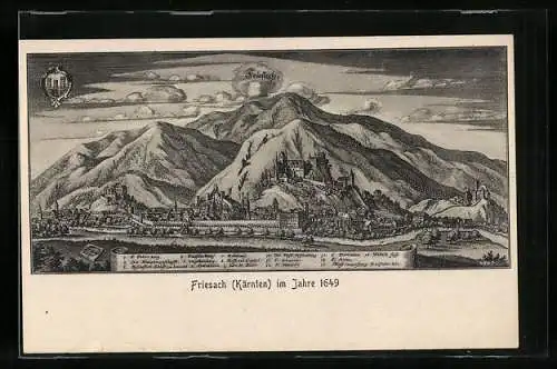 AK Friesach /Kärnten, Ortsansicht aus dem Jahre 1649 nach Merian