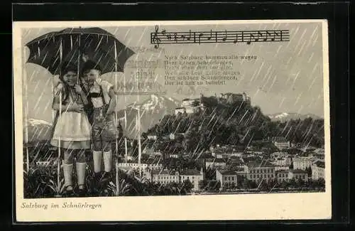 AK Salzburg, Kinder unter einem Regenschirm und Lied aus Im weissen Rössl
