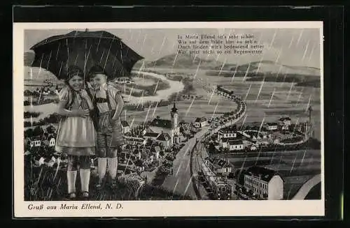 Künstler-AK Maria Ellend /N. D., Ortsansicht im Regen, zwei Kinder unterm Regenschirm