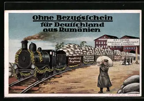 Künstler-AK Rumänisches Getreide gekauft durch England für Deutschland, Soldaten transportieren volle Säcke