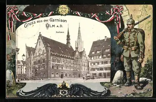 Passepartout-AK Ulm a. D., Rathaus, Soldat und Wappen