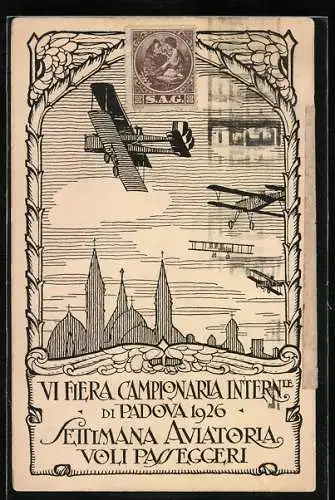 Künstler-AK Padova, VI. Fiera Campionaria Internationale 1926, Voli Passeggeri, Flugzeuge über der Stadt