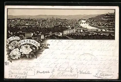 Vorläufer-Lithographie Würzburg, 1895, Panoramablick auf die Stadt