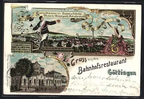 Lithographie Göttingen, Totalansicht mit Bahnhof und Restaurant, Wappen