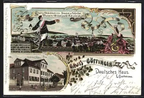 Lithographie Göttingen, Restauration Deutsches Haus und Stadtansicht