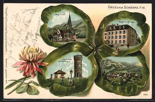 Passepartout-Lithographie Schönau i. W., Gasthaus zum Ochsen, Louisenturm a. d. Feldberg und Neue Kirche im Kleeblatt