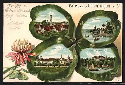 Passepartout-Lithographie Ueberlingen / Bodensee, Kloster Salem, Schloss Mainau u. See. und Pavillon im Kleeblatt