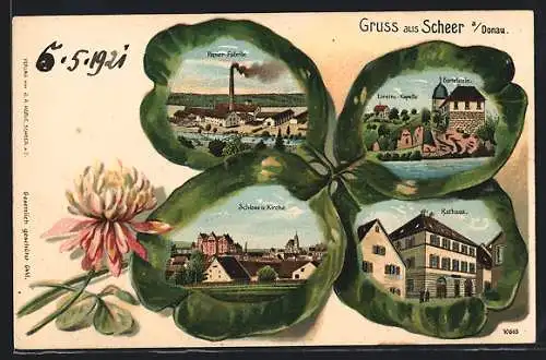 Passepartout-Lithographie Scheer a. Donau, Papier-Fabrik, Schloss und Kirche und Rathaus im Kleeblatt