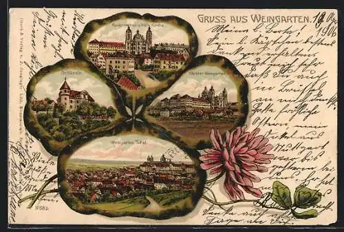 Passepartout-Lithographie Weingarten, Kloster, Schlössle, Kaserne und Kirche, Kleeblatt