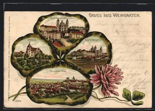 Passepartout-Lithographie Weingarten, Kloster, Schlössle, Kaserne und Kirche, Kleeblatt