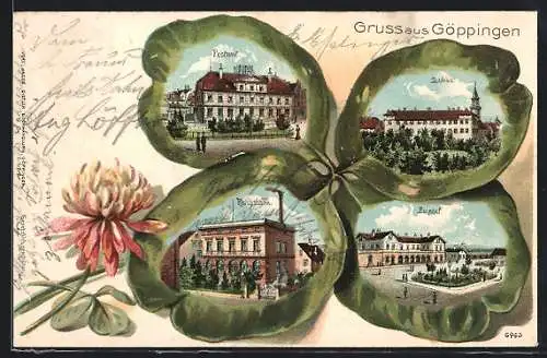 Passepartout-Lithographie Göppingen, Reichsbank, Schloss und Bahnhof im Kleeblatt