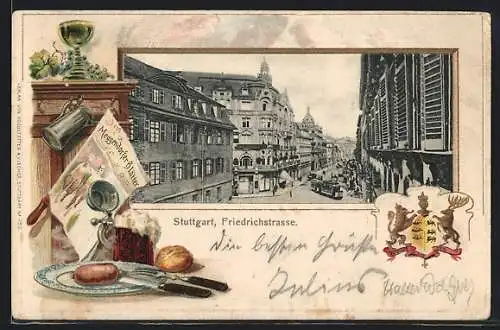 Passepartout-Lithographie Stuttgart, Friedrichstrasse mit Friseurgeschäft und Strassenbahn, Wurst auf einem Teller