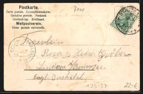 Passepartout-Lithographie Stuttgart, Friedrichstrasse mit Friseurgeschäft und Strassenbahn, Wurst auf einem Teller