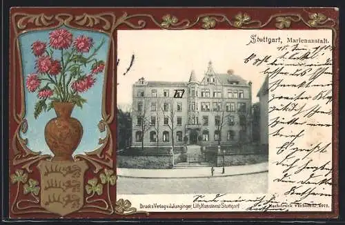 Passepartout-Lithographie Stuttgart, Marienanstalt, Vase mit Blumen, Wappen