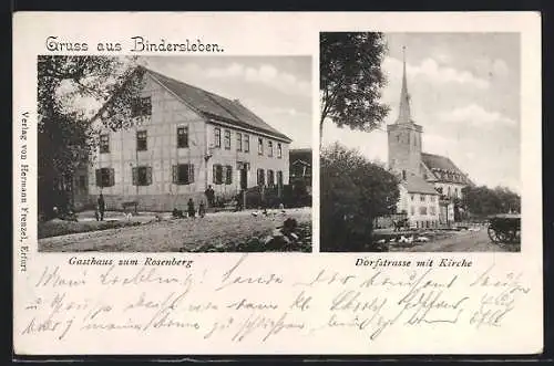 AK Bindersleben, Gasthaus zum Rosenberg, Dorfstrasse mit Kirche